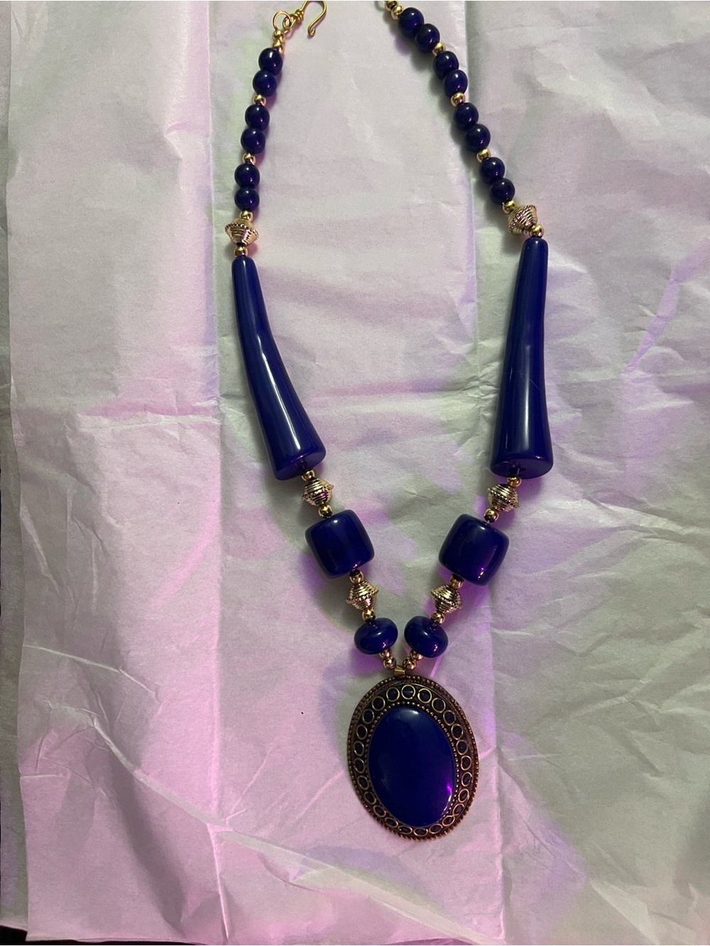 Retro Chunky Cobalt Blue Statement Necklace Heavy Oversized Pendant